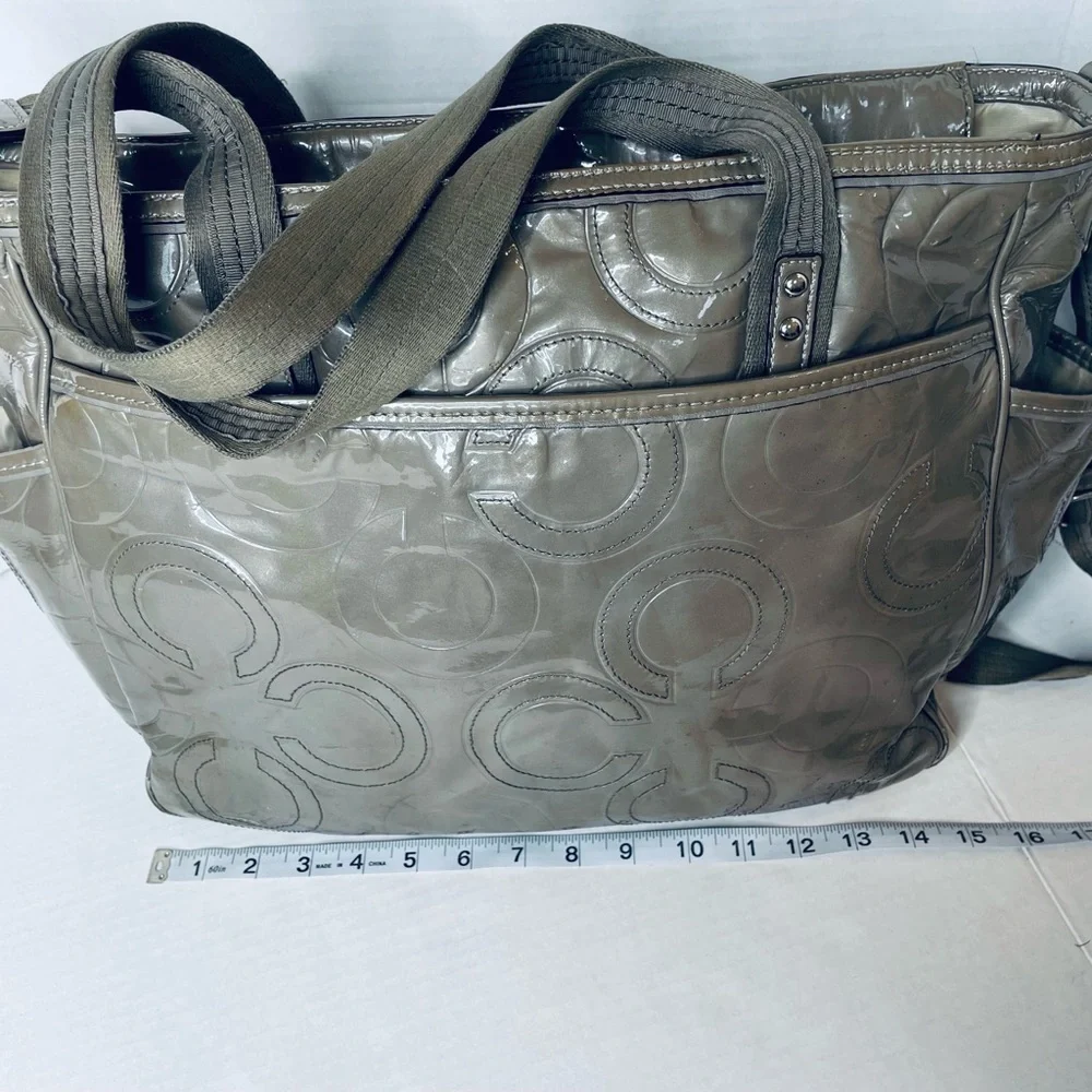 COACH 16977 Rare Gray Signature Patent Leather Tote Travel Diaper Bag